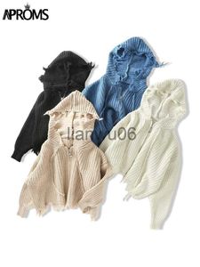 Kvinnors tröjor Aproms Casual Tassel Hooded Sticked Ströja Kvinnor Dragkedja Löst Cropped Cardigans 2022 Winter Coat Cool Gilrs Streetwear Jumper J230718