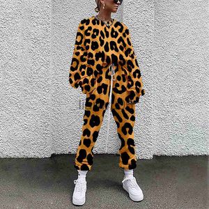 Kvinnors hoodies tröjor Autumn Women Two Piece Set Long Sleeve Pullover Tracksuits Spring Leopard Print Sweatshirt Jogger Pants Suit J230718