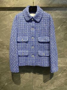 Women's Jackets Blue White High Quality Celebrity Tweed Coats Single Breasted Turn Down Collar Women