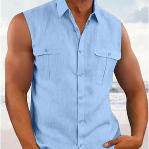 Camisas casuais masculinas de algodão, linho, cor sólida, sem mangas, verão, moda masculina, lapela totalmente combinada com roupas casuais simples de férias 230718