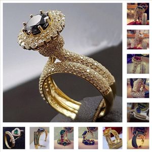 Cluster-Ringe 2 teile/satz Edle Gold Farbe Hip Hop Ring Für Frauen Exquisite Eingelegte Zirkon Grün Kristall Hochzeit Braut Engagement schmuck