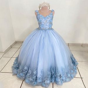 Sky Mavisi O yakalı çiçek kızlar Düğün için 2024 Aplikler Dantel Kristal Ballsweeds Çocuk Elbise İlk Cemaat Fotoğraf Çekimi