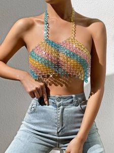 Women's Tanks Sexy see through rhinestone Crop top women summer halter beach party tank top glitter diamonds night Club rave outfits y2k Tops