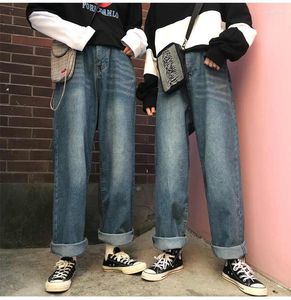 Kvinnors jeans höst kvinnor och män mode tvättade fast färg casual denim byxor man streetwear hip hop lossa cowboy byxor kläd