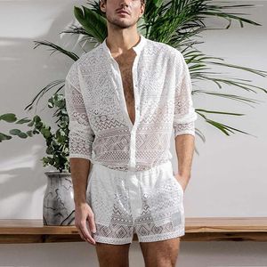 Erkeklerin izleri seksi dantel içi boş out takım elbise moda uzun kollu gömlek rahat şort giyim düz renk eşleşen yaz erkek için