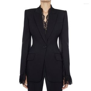 Kvinnors kostymer mode elegant snygg designer blazer högkvalitativ spets långärmad vit svart smal fit jacka kontor dam