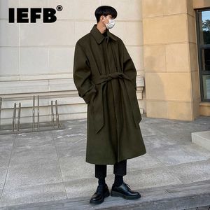 Herr ullblandningar IEFB tweed Overcoat Men's Autumn Winter Long Coat Löst knälängd Nya koreanska brittiska förtjockade bälte Woolen Jacket D1221 HKD230718
