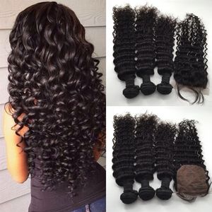 Malaysiska våta och vågiga hår Silkbasstängning med buntar obearbetat 8a Human Hair Weaves Virgin Hair Deep Wave With Silk Top CL258Q