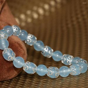 Strand 8mm Light Blue Natural Stone Calcedonio Jades Bracciali elastici rotondi Perline distanziatore color argento Gioielli 7,5 pollici B2047