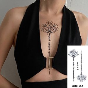 Sexy Alphabet English Long Line Lotus Waterproof Fake Tattoo Stickers For Women Back Water Transfer Temporary Tattos Party Decal