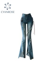 Kvinnors jeans y2k flare vintage låg midja delade byxor estetiska streetwear casual last pant koreansk stil orolig jean 230718