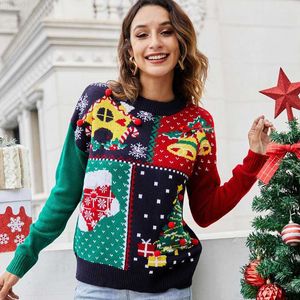 Damenpullover Damen Weihnachtsstrickshirt Damen Herbst Winter Langarm O-Ausschnitt Schneeflocke Baumglocken Weihnachtspullover L230718