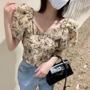 Blusas Femininas Iyundo Impressão Francesa com Decote em V Floral Camisa Curta Para Mulheres 2023 Verão Cintura Alta Manga Bolha Top Slim Fit