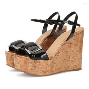 Dress Shoes Women's Cork Wedge Sandals Peep Toe High Heels Buckle Strap Ladies Comfort Outdoor Footwear Black White Patent Leather