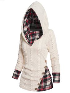Damenpullover Twisted Cable Knit Plaid Print Kapuzenpullover Mock Button Ruched Shl Neck Sweater L230718