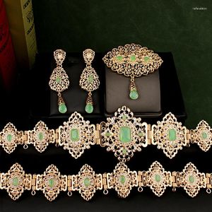 Necklace Earrings Set Herseygold Moroccan Wedding Jewery Gold Plated Green Muslim Sets For Women Middle East Robe Caftan Bride Accesories