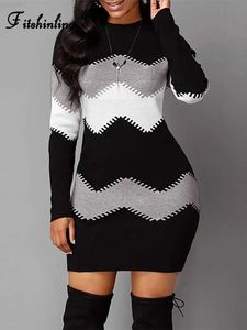 Swetery damskie Fitshinling Casual New Knit Sweter Dress Kobiece Ubranie w paski Slim Sexy Bodycon sukienka dla kobiet mody vestidos femme sale l230718