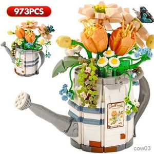 Blocks City MINI Flower Watering Can Potted Building Block Creative Plant Bouquet Home Decoration Bricks Toys for Girls Friend Gift R230718