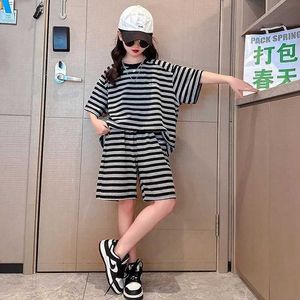 Clothing Sets Hot Casual New Loose Sport Trousers Children Girl Suit Summer Five Quarter T-shirt Short 2PC Teens Stripe Pant