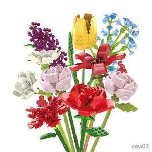 Блоки девочка-моделирование игрушек букет букет строительный блок DIY растение Трехмерное цветочное модель