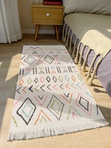 Carpets Handwoven cotton carpet retro style square bedside geometric floor mat living room home decoration manda R230718