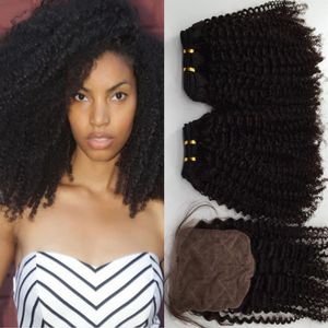 Feixes de cabelo crespo brasileiro encaracolado com fechamento de seda 10-24'' 8A não processado cabelo virgem brasileiro encaracolado extensão ondulada W2096