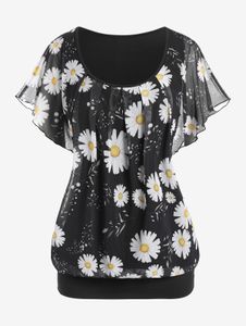 T-shirt da donna ROSEGAL Plus Size Daisy Mesh Overlay Maniche svolazzanti Blouson Top Moda donna T-shirt a maniche corte T-shirt 4XL 230717