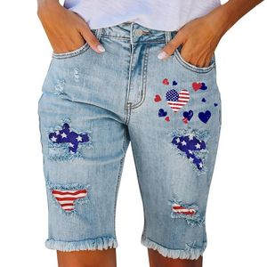 Damen-Jeans, Stern-Flagge-Druck, lässig, mittlere Taille, Tasche, gebürstet, zerrissen, Jag-Cords, Jean-Overalls, Damen-Hosen für Größe 20