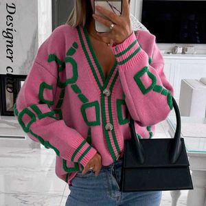 Camisolas Femininas Cardigã Feminino Verde Listrado Rosa Botão de Malha Senhora Cardigans Suéteres Decote em V Solto Casual Inverno Moda Casaco de Malha L230718