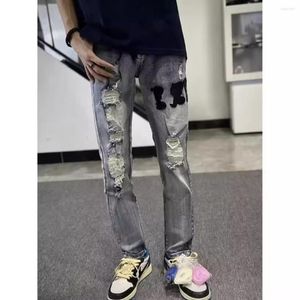 メンズパンツメンズジッパーストレッチジーンズはカジュアルなスリムフィットのズボンをリッピングする男性鉛筆デニムスキニー2023 Y2K
