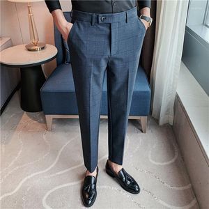 Herrdräkter Plaid Suit Pants High Quality Business Casual Formal Wear Slim Fit Office Trouser Gray/Blue Brand Fashion Male Clothing