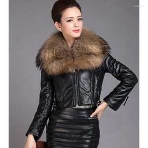Women's Leather 2023 Winter Women Genuine Sheepskin Jacket With Large Natural Raccoon Fur Turn-down Collar Luxury Ladies Coat