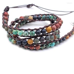 Strand Bracelet Woman Jewelry Handmade Leather Wrap Multi Green Spare Matte Natural Pine Stone Beads Fashion