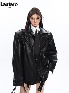 Women's Jackets Lautaro Spring Autumn Oversized Black Brown Soft Pu Leather Biker Jacket Women Zipper Long Sleeve Loose Cool Runway Fashion 2023 230718