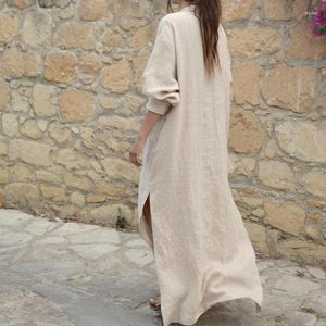 Casual Dresses Summer V-Neck Loose Fit Women Maxi Dress Long Sleeve Side Split Female Soft Cotton Linen Robes High Quality Clothes