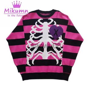 Camisolas femininas Harajuku Caveira Gótica Listrada Camisola de Malha Menina Japonesa Kawaii Streetwear Outono Inverno Roupas J230718