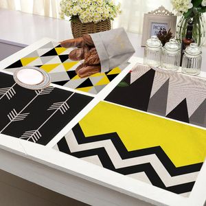 Esteiras de mesa estampados geométricos jogo americano amarelo tapete de jantar preto branco linho de algodão bebida almofada de jantar tigela decoração de cozinha para casa