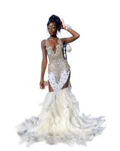 Роскошные блестящие русалку выпускные платья африканские черные девушки хрустальные перья