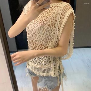 Women's Tanks 2023 Summer Round Neck Knit Pullover Tank Tops Women Korean Loose Drawstring Hollow-out Camis Vest Lady Casual 27398