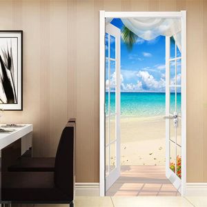 Väggklistermärken PVC Selfadhesive Door Sticker Window Sandy Beach Seascape 3D PO Wallpaper Väggmålning Livsrum sovrum dekoration 230717