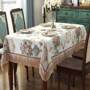 European Retro Dinning Tablecloth With Tassel Luxury Embroidery Table Cover Flower Elegant Table Cloth Decoration Living Room L230626