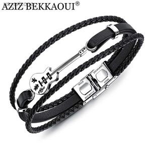 AZIZ BEKKAOUI Unique Stainless Steel Guitar Bracelets Fashion Leather Bracelet for Men Rope Bangle Drop shipping L230620