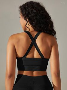 Kvinnors tankar Kvinnor Yoga Bra Cross Back Wide Strap Sports Top Push Up Gym Crop Brassiere Fitness Plunge Neck Bras