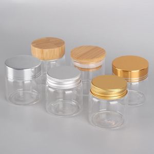 Förvaringsflaskor 6 st 50 ml glas med plast/bambu/aluminiumlock tomma godisburkar injektionsflaskor för konst diy hantverk 6 stytles u-pick