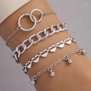 Länkarmband bohemisk dubbel ring tjock kedja ihålig armband för kvinnor charm geometriska metall tofsar justerbara smycken 4