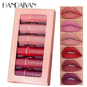 Batom HANDAIYAN 6 peças Conjunto de Batom Vermelho Fosco Atacado Cosméticos Femininos Brilho Labial à Prova D'Água Gratuito Cotonete Lip Tint 230717