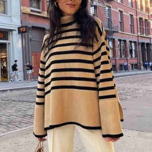 Women's Sweaters Striped Split Turtle Neck Women's Sweater Long Sleeve 2022 Knitted Extra Large Autumn Winter Women's Brushed Fashion Long Sleeve Top L230718