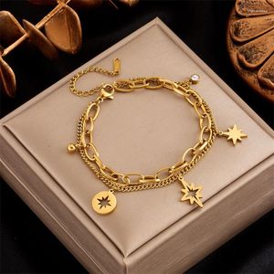 Charm Bracelets Stainless Steel Gold Color Multilayer Round Star Charms Chain Bracelet For Women Party Wedding Fashion Jewelry Gift