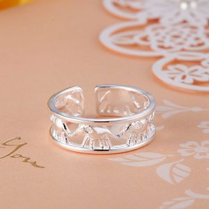 Nytt mode 925 Sterling Silver Elephant Rings for Women Justerbar Söt tjej Wedding Happy Party Gift Fine Charm smycken