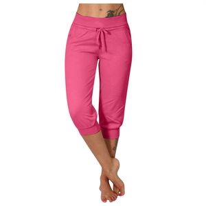 lu Women Capri Pants Solid Color Mid-calf Lady Mid Rise Pockets Cropped Pants Wide Waistband Women Joggers LV0020